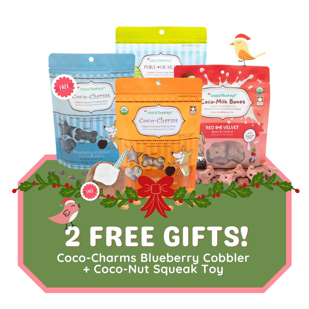 Holiday Hearts, Bones and Charms Gift Pack - Pina Colada Pure Hearts, Red Velvet Coco-Milk Bones and Pumpkin Charms + FREE Blueberry Charms + FREE Coco-Nut Squeak Toy ($20.25 VALUE!)