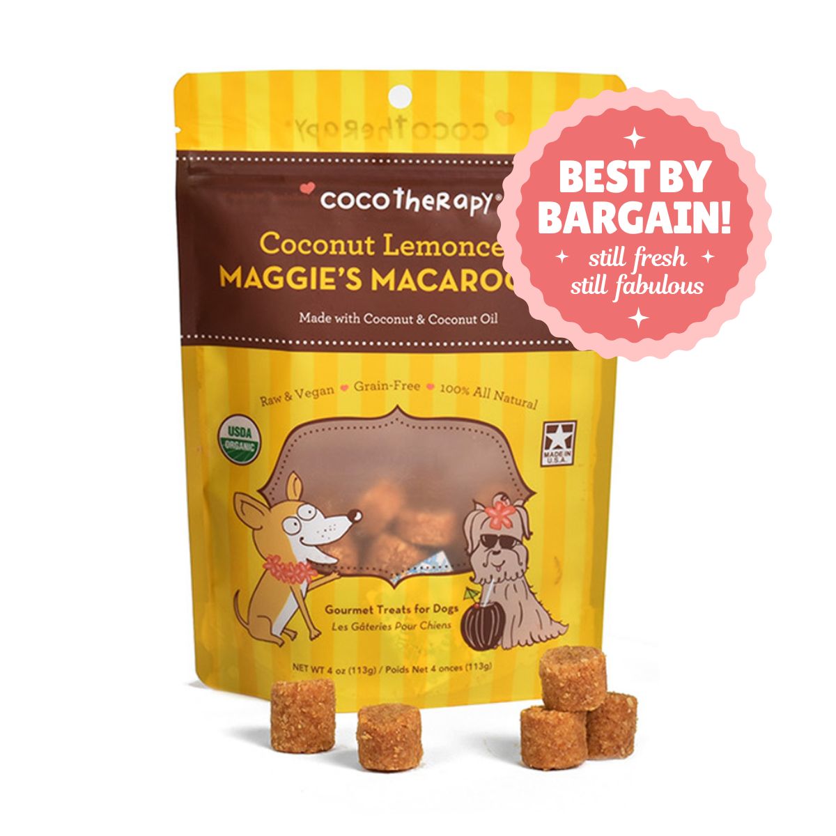 Maggie's Macaroons Coconut Lemoncello - Organic Coconut Treat for dogs - BEST BY BARGAIN! Still Fresh, Still Fabulous - Best By Date: 04/11/2025