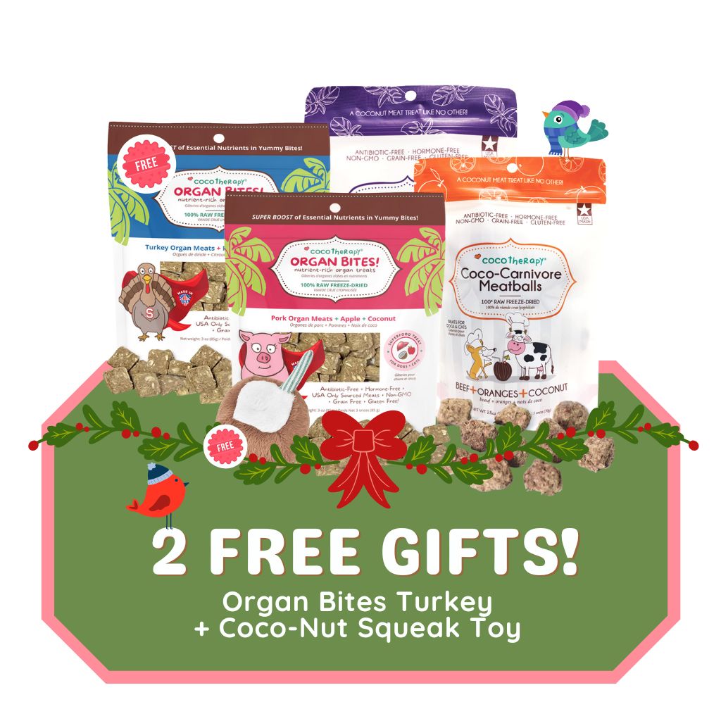 Merry Meat Lovers Gift Pack -  Coco-Carnivore Beef Meatballs + Coco-Carnivore Chicken Meatballs + Organ Bites Pork + FREE Organ Bites Turkey + FREE Coco-nut Toy ( $22.90 Value )